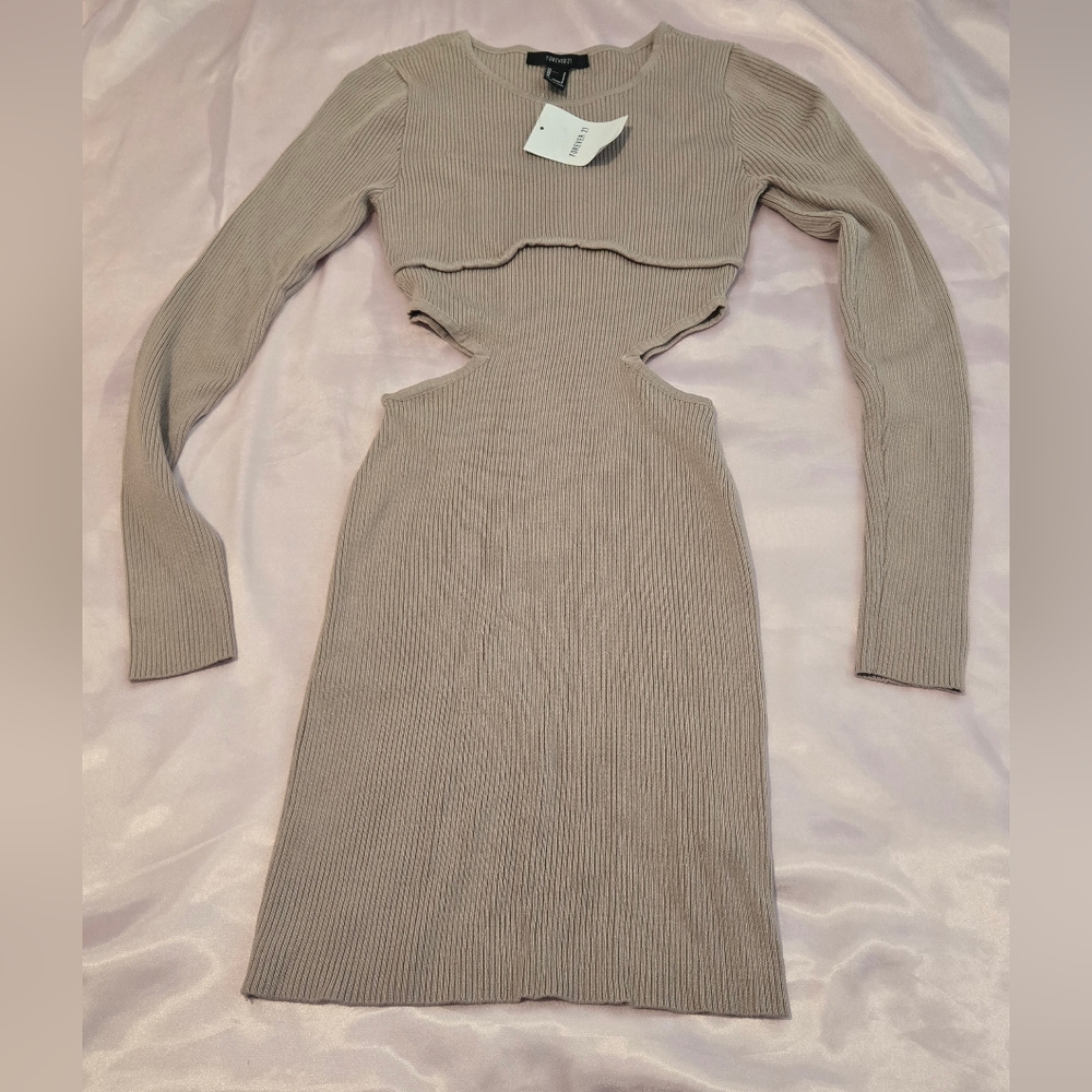 Nwt Forever 21 Taupe Cut-Out Ribbed Dress Size Small